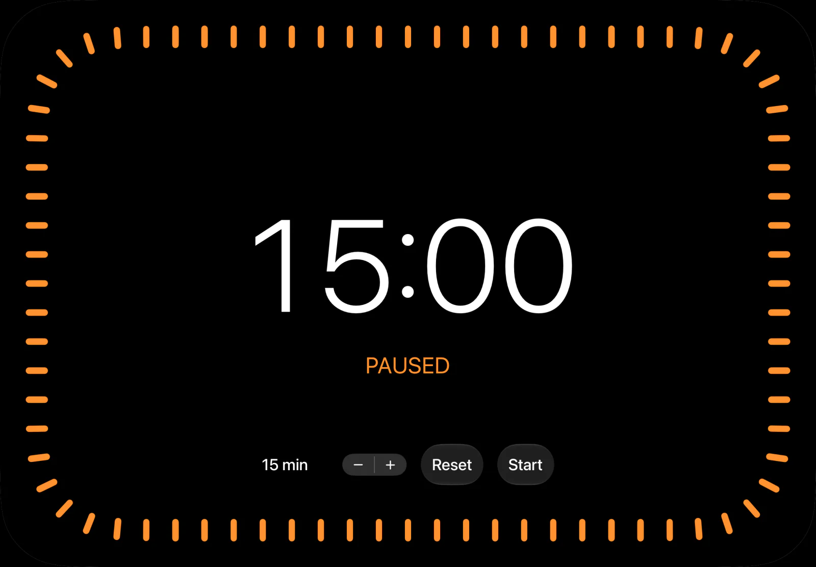 HomePad Timer paused at 15 minutes with an orange perimeter dial and timer controls