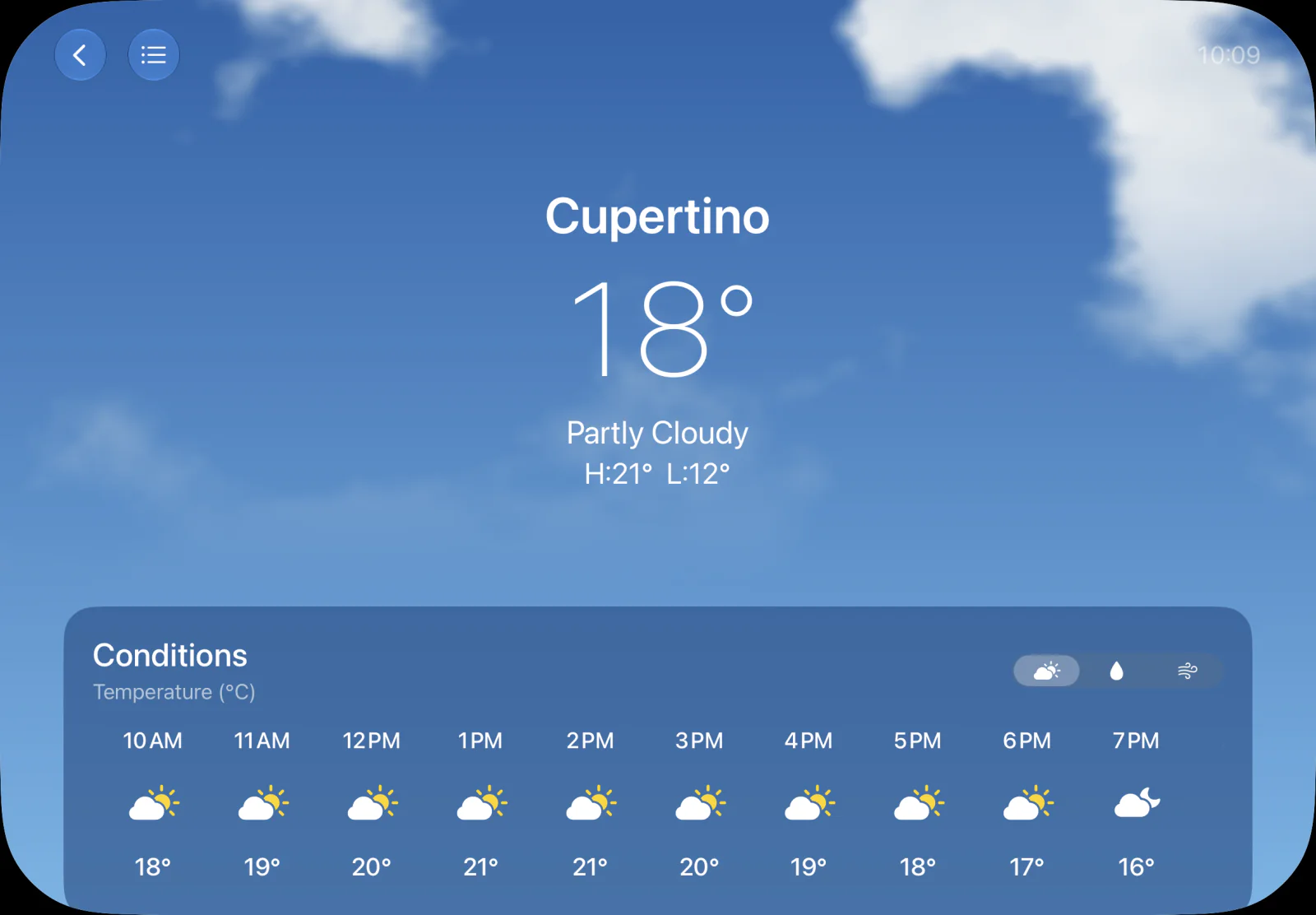 HomePad Weather showing fictional Cupertino conditions of 18 degrees, partly cloudy, and an hourly forecast